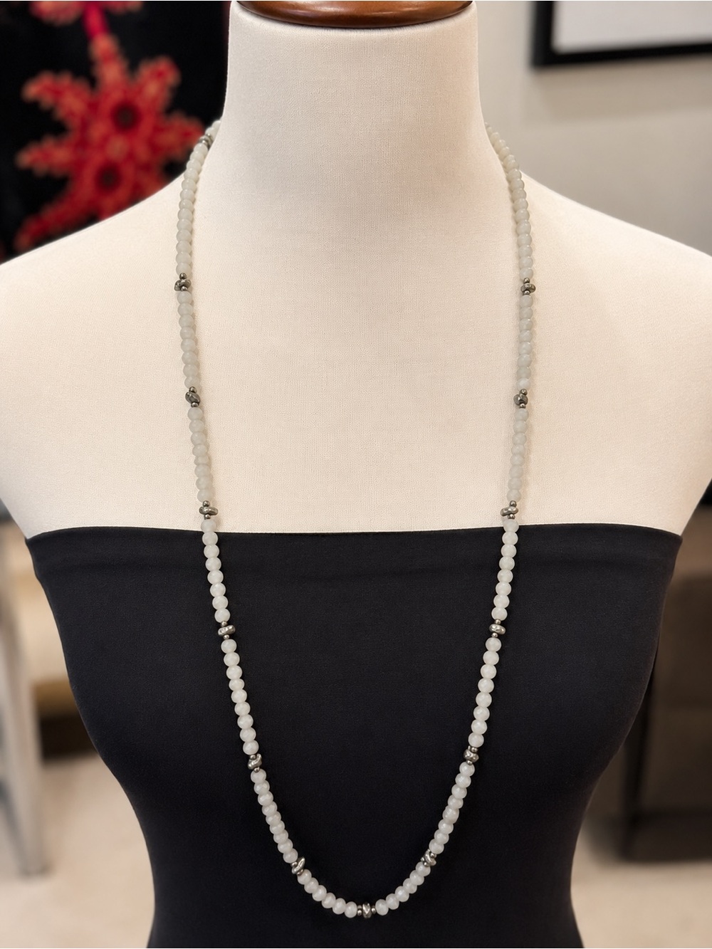 Betty James White Crystal Beaded Long Necklace Silver Toggle Minimalist